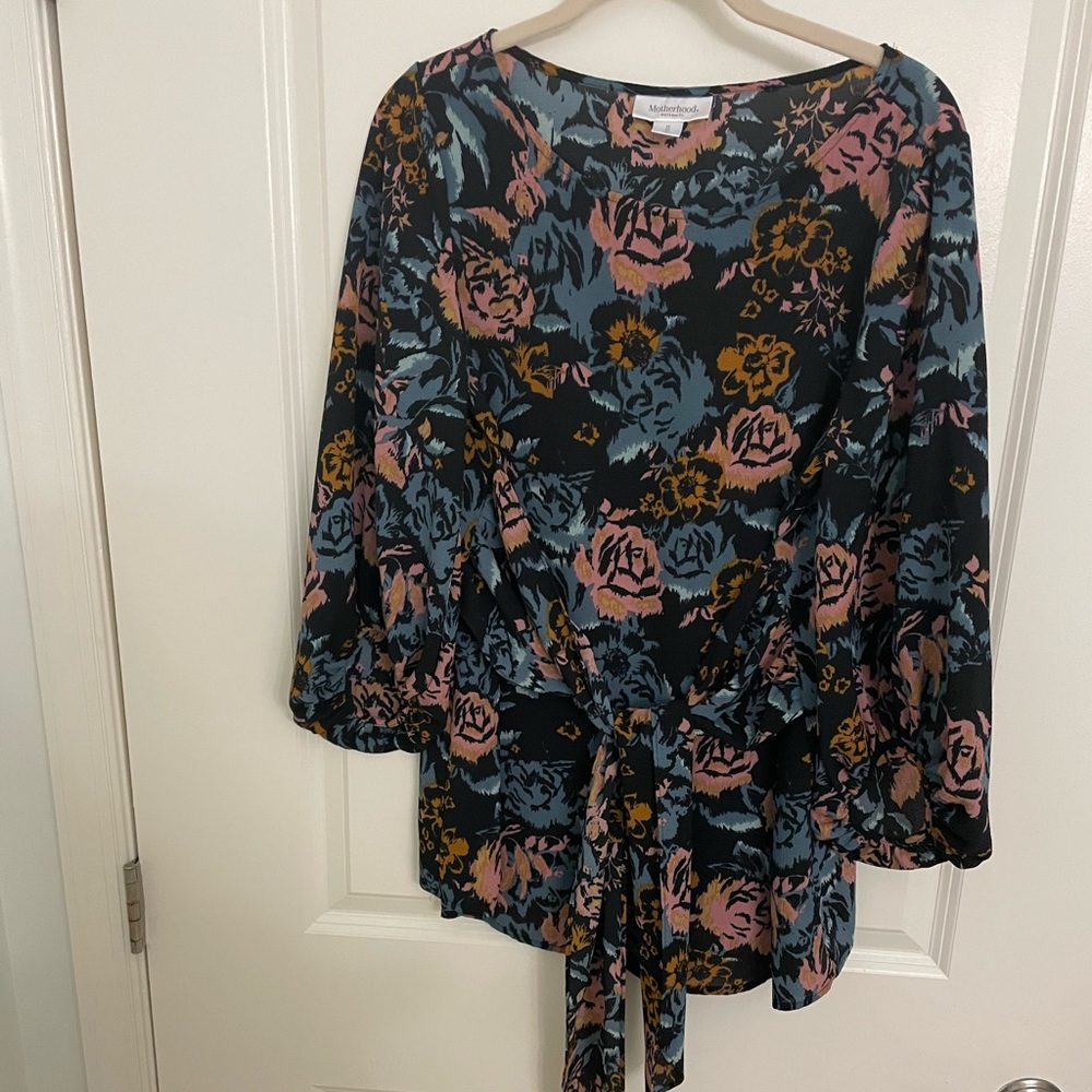 Motherhood maternity - floral tie waist blouse with statement sleeves